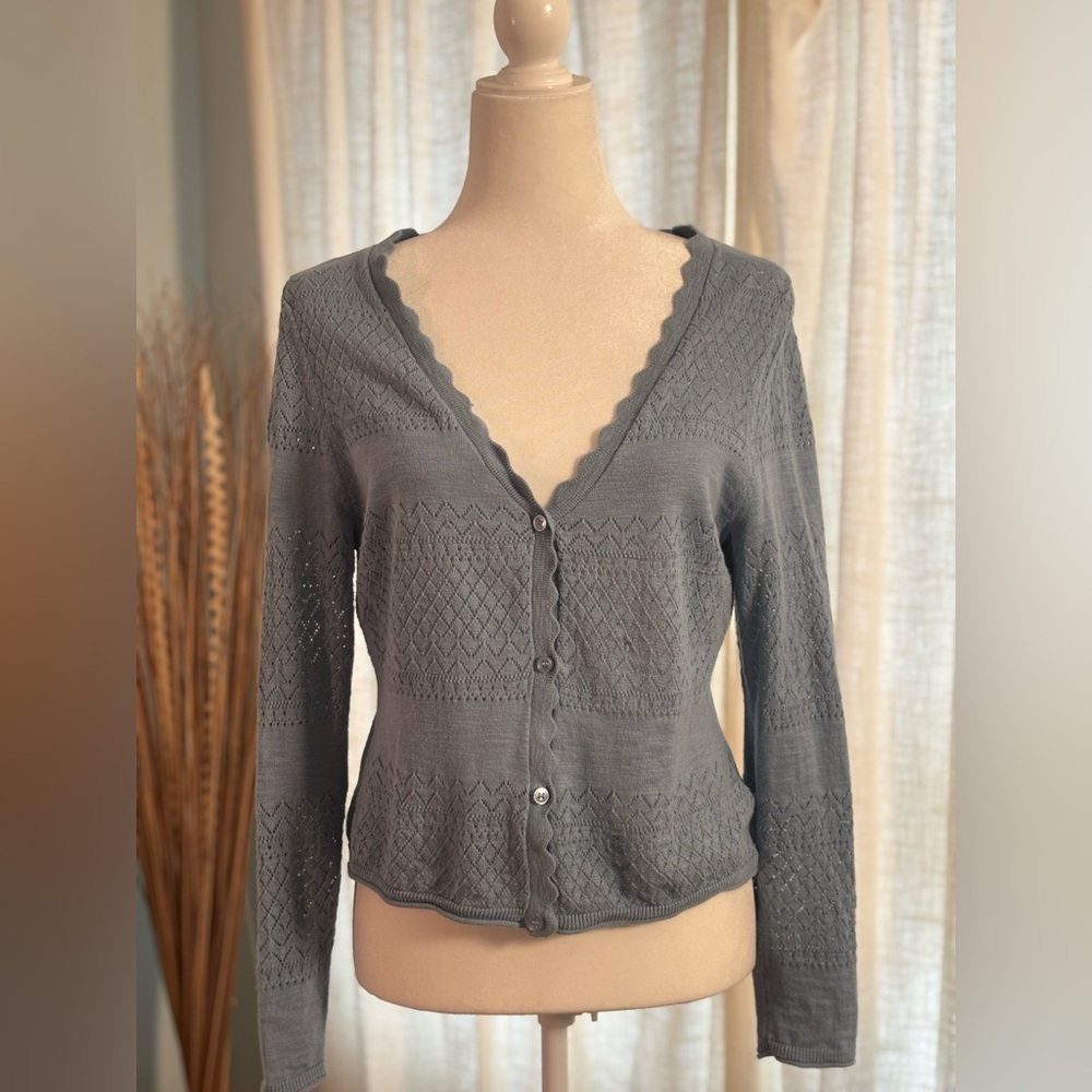 Frye Cotton Pointelle Cardigan Slate Blue Gray Size Medium
